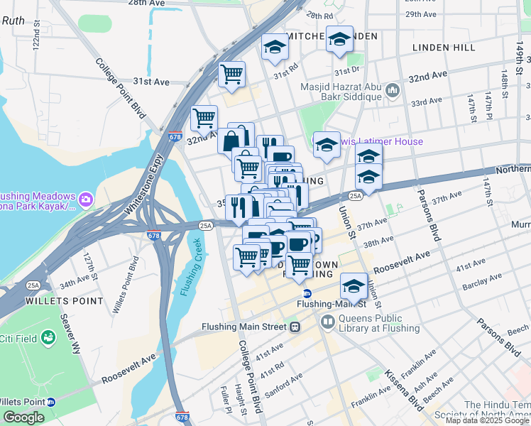 map of restaurants, bars, coffee shops, grocery stores, and more near 134-4 35th Avenue in Queens