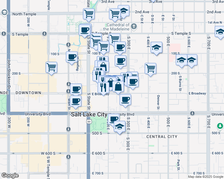 map of restaurants, bars, coffee shops, grocery stores, and more near 235 South 200 East in Salt Lake City