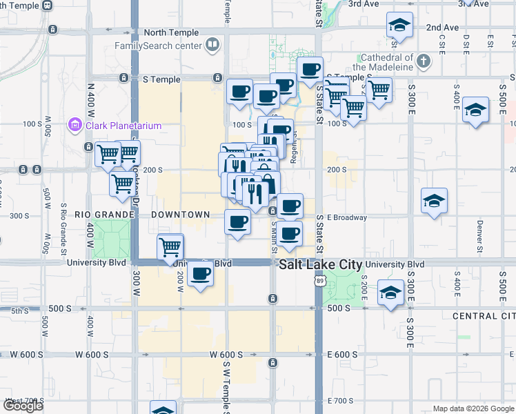 map of restaurants, bars, coffee shops, grocery stores, and more near 44 West 300 South in Salt Lake City