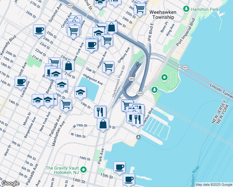 map of restaurants, bars, coffee shops, grocery stores, and more near 289 Park Avenue in Weehawken