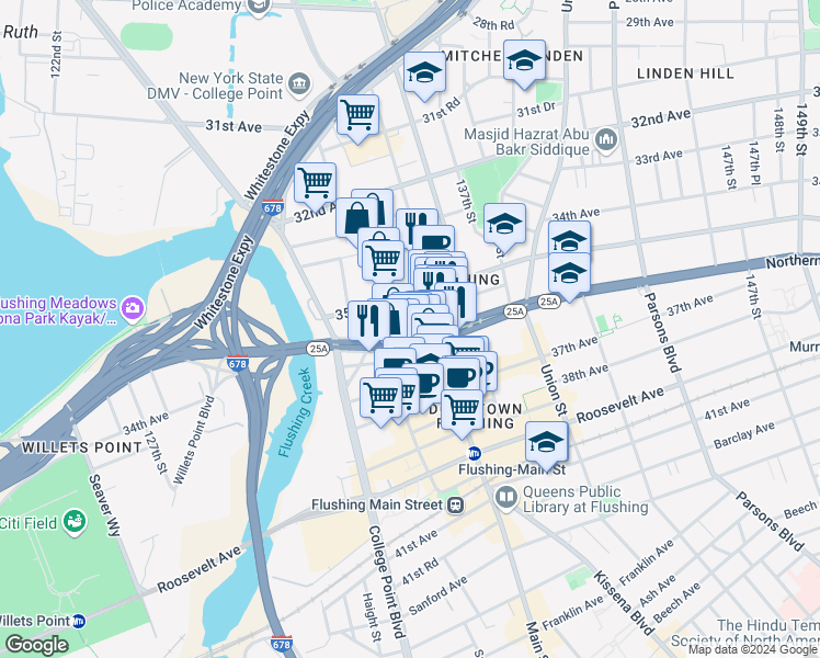 map of restaurants, bars, coffee shops, grocery stores, and more near 134-4 35th Avenue in Queens