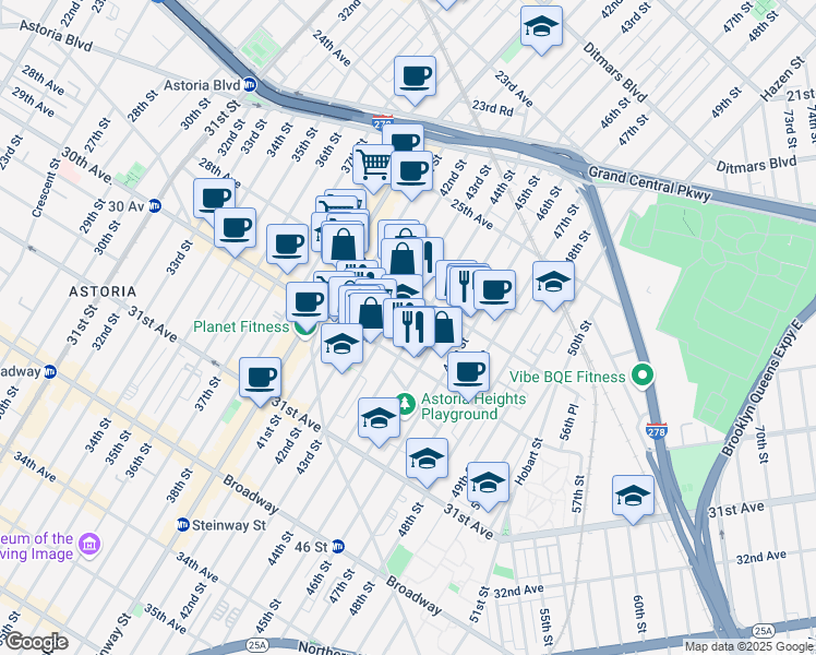 map of restaurants, bars, coffee shops, grocery stores, and more near in Queens