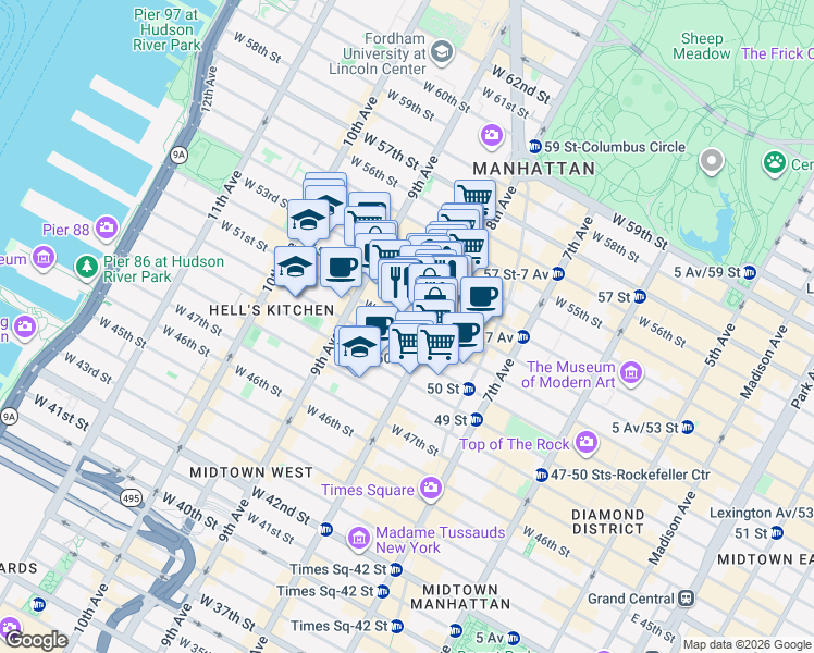 map of restaurants, bars, coffee shops, grocery stores, and more near West 51st Street in New York