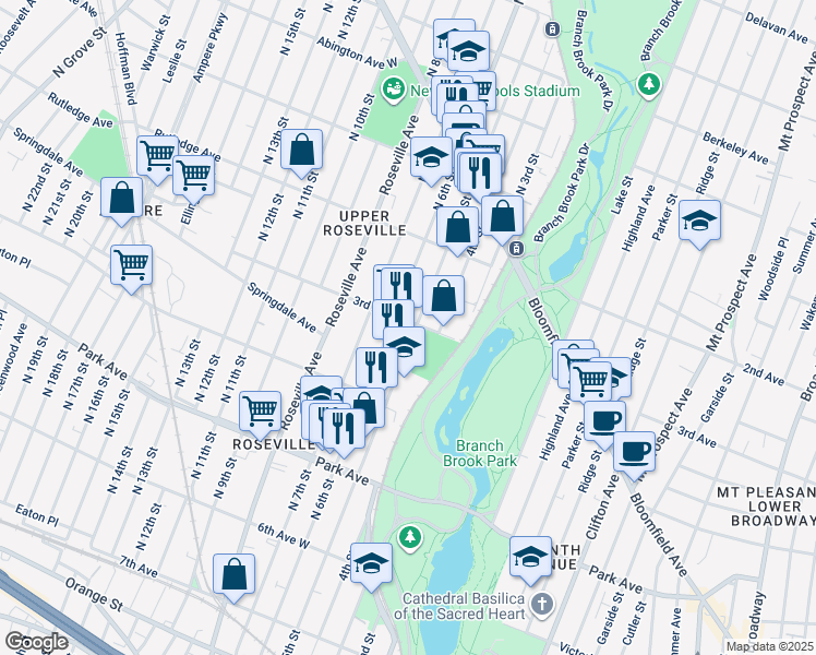 map of restaurants, bars, coffee shops, grocery stores, and more near 444 North 5th Street in Newark
