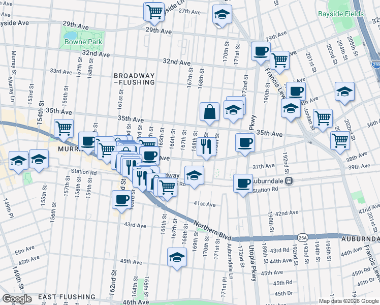 map of restaurants, bars, coffee shops, grocery stores, and more near 35-35 167th Street in Queens