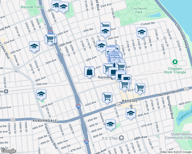 map of restaurants, bars, coffee shops, grocery stores, and more near 39-18 210th Street in Queens