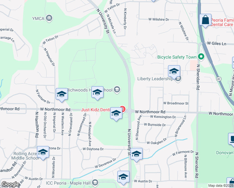 map of restaurants, bars, coffee shops, grocery stores, and more near 6301 North University Street in Peoria
