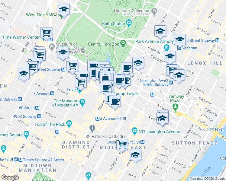 map of restaurants, bars, coffee shops, grocery stores, and more near 754 5th Avenue in New York