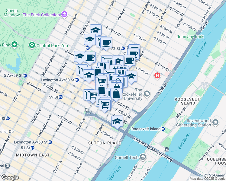 map of restaurants, bars, coffee shops, grocery stores, and more near 337 East 64th Street in New York