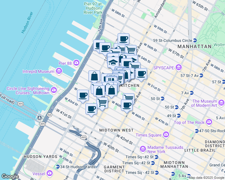 map of restaurants, bars, coffee shops, grocery stores, and more near 515 West 48th Street in New York