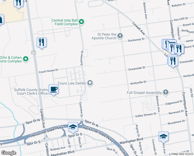map of restaurants, bars, coffee shops, grocery stores, and more near 15 Oceanside Street in Islip Terrace