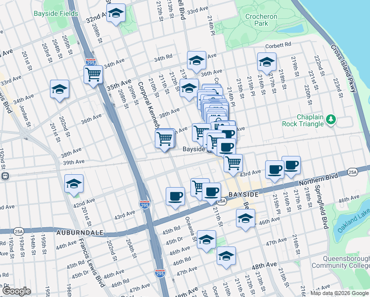 map of restaurants, bars, coffee shops, grocery stores, and more near 39-14 211th Street in Queens