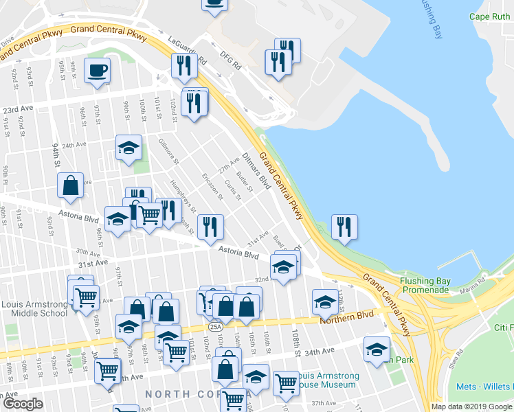 map of restaurants, bars, coffee shops, grocery stores, and more near 29-10 Butler Street in Queens