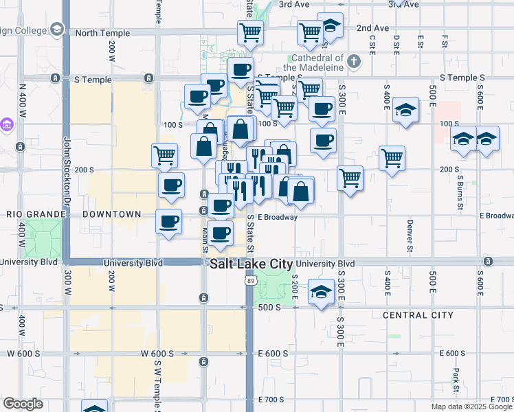 map of restaurants, bars, coffee shops, grocery stores, and more near 111 East 300 South in Salt Lake City