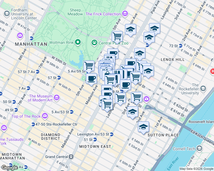 map of restaurants, bars, coffee shops, grocery stores, and more near 502 Park Avenue in New York