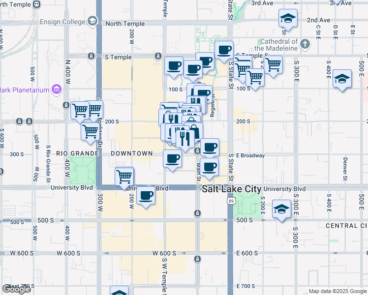 map of restaurants, bars, coffee shops, grocery stores, and more near 44 West 300 South in Salt Lake City