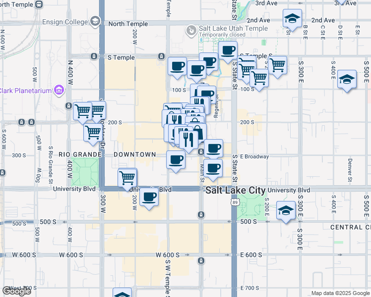 map of restaurants, bars, coffee shops, grocery stores, and more near 44 West 300 South in Salt Lake City