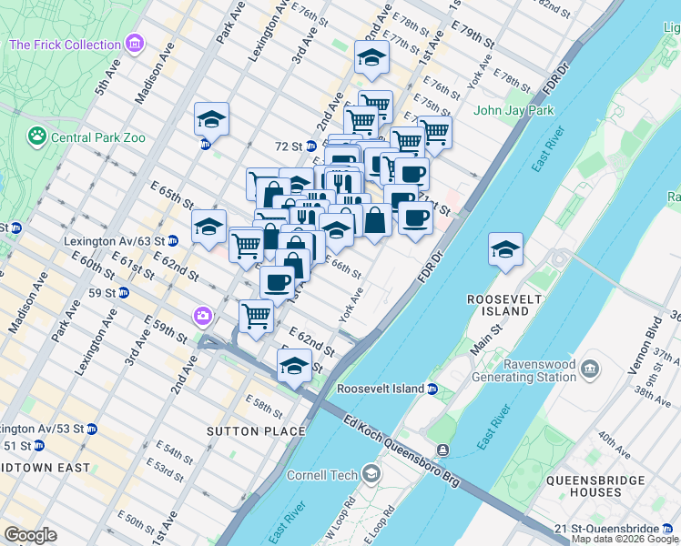 map of restaurants, bars, coffee shops, grocery stores, and more near 418 East 67th Street in New York