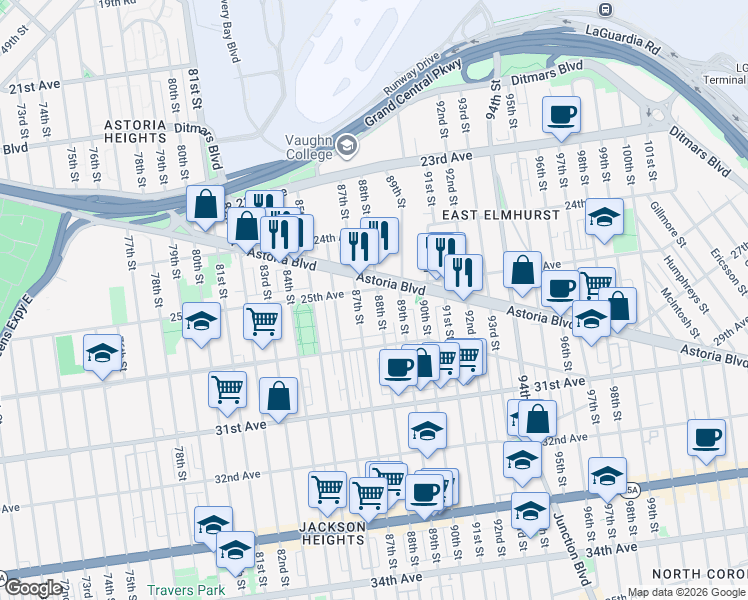 map of restaurants, bars, coffee shops, grocery stores, and more near 88-20 Astoria Boulevard in Queens