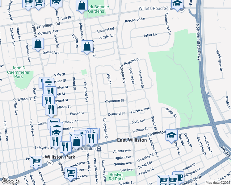 map of restaurants, bars, coffee shops, grocery stores, and more near 219 Howard Street in East Williston