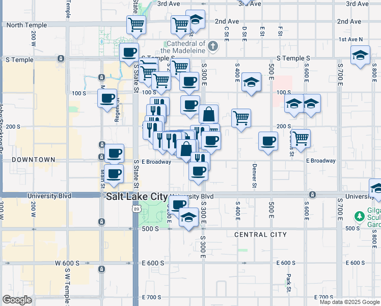 map of restaurants, bars, coffee shops, grocery stores, and more near 250 South 300 East in Salt Lake City