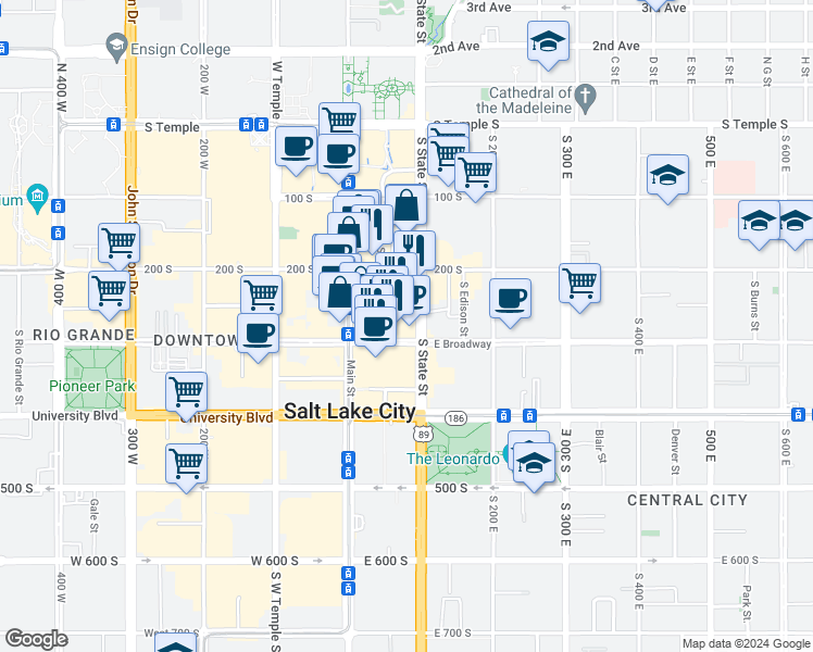 map of restaurants, bars, coffee shops, grocery stores, and more near 49 Gallivan Avenue in Salt Lake City