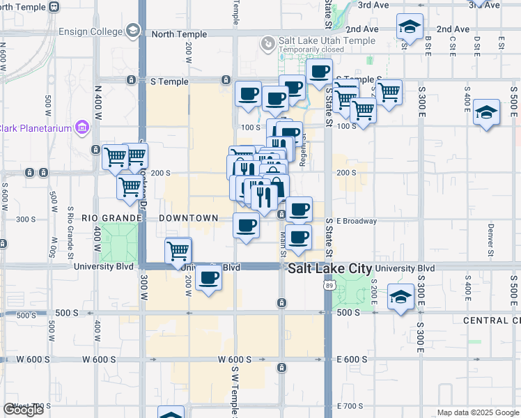 map of restaurants, bars, coffee shops, grocery stores, and more near 48 West Broadway in Salt Lake City