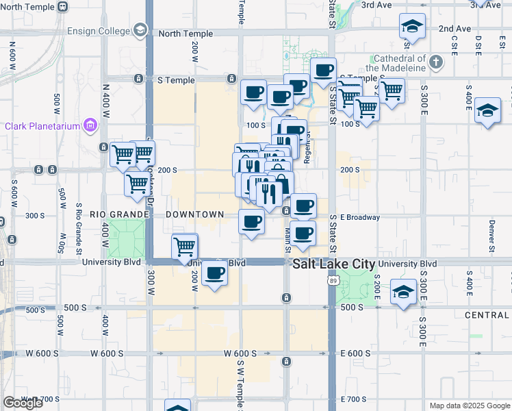 map of restaurants, bars, coffee shops, grocery stores, and more near 48 West Broadway in Salt Lake City