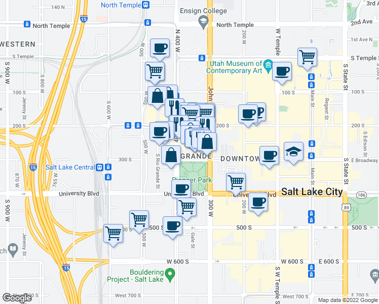 map of restaurants, bars, coffee shops, grocery stores, and more near 346 Pierpont Avenue in Salt Lake City