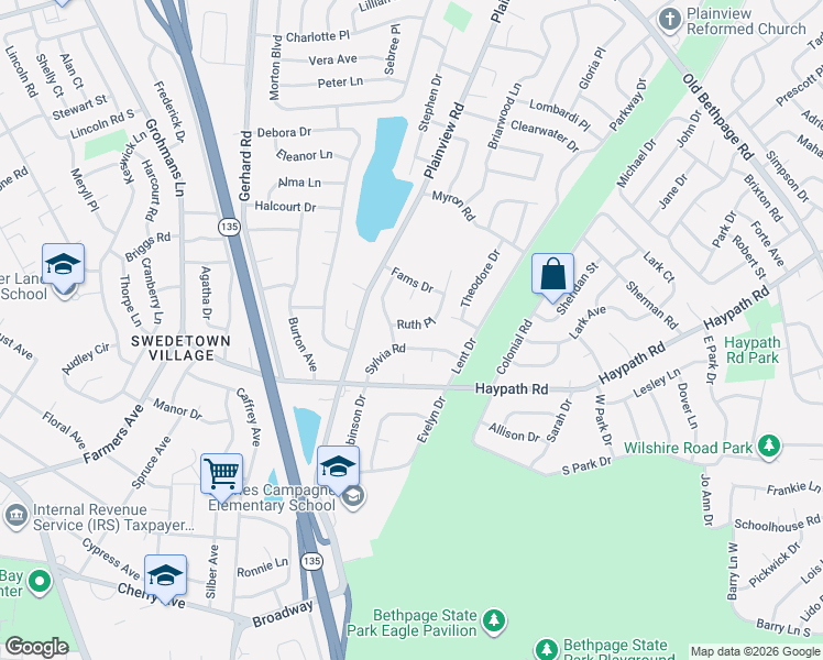 map of restaurants, bars, coffee shops, grocery stores, and more near 8 Toni Ann Circle in Plainview