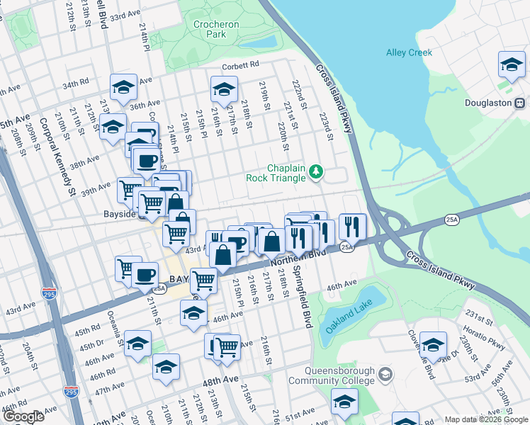 map of restaurants, bars, coffee shops, grocery stores, and more near 41-24 219th Street in Queens