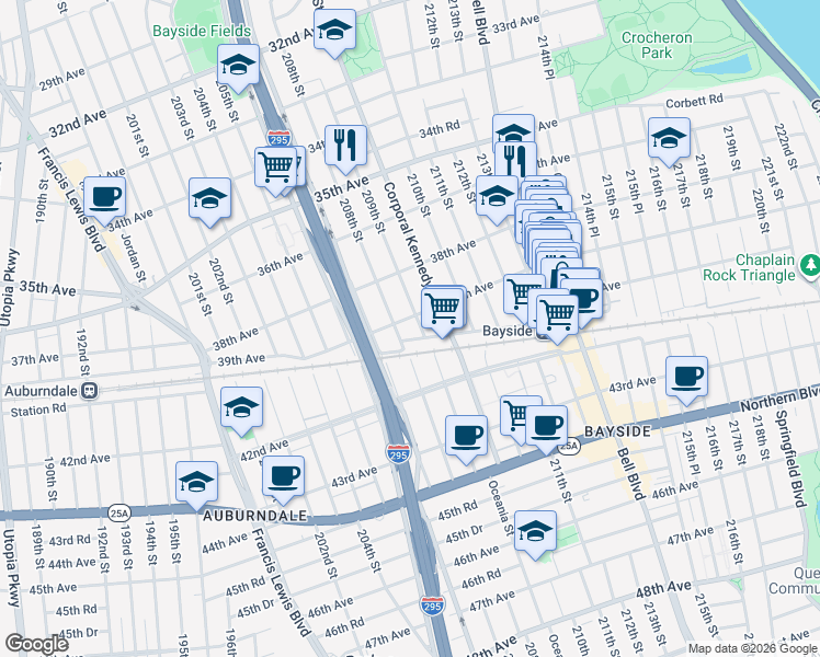 map of restaurants, bars, coffee shops, grocery stores, and more near 38-34 209th Street in Queens