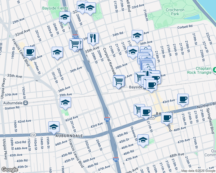 map of restaurants, bars, coffee shops, grocery stores, and more near 38-34 209th Street in Queens