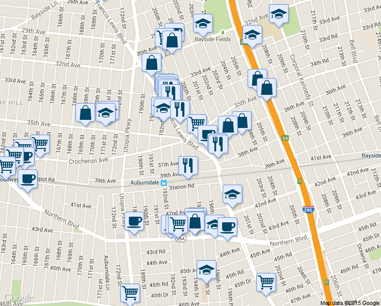 map of restaurants, bars, coffee shops, grocery stores, and more near 35-18 Francis Lewis Boulevard in Queens