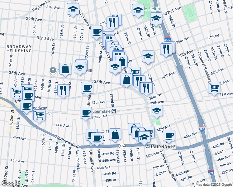 map of restaurants, bars, coffee shops, grocery stores, and more near 192-19 Crocheron Avenue in Queens