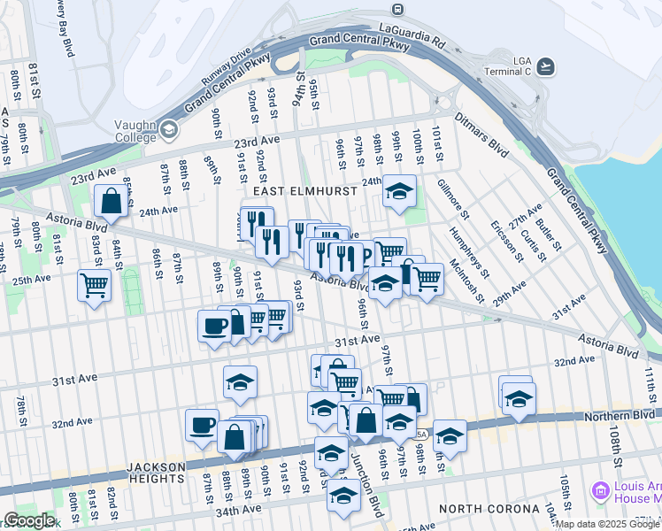 map of restaurants, bars, coffee shops, grocery stores, and more near 94-12 25th Avenue in Queens