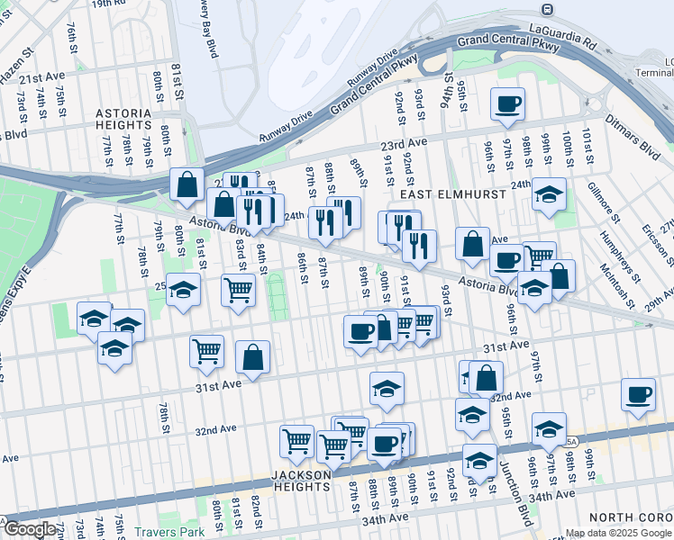 map of restaurants, bars, coffee shops, grocery stores, and more near 88-20 Astoria Boulevard in Queens
