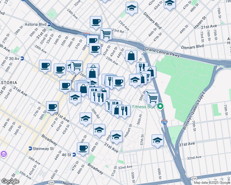 map of restaurants, bars, coffee shops, grocery stores, and more near 25-65 46th Street in Queens