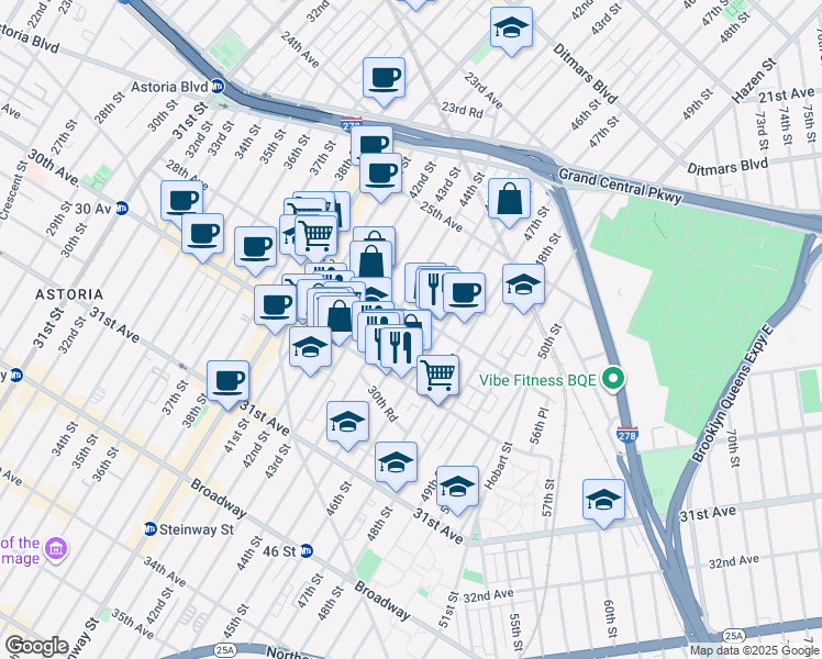 map of restaurants, bars, coffee shops, grocery stores, and more near 25-92 45th Street in Queens