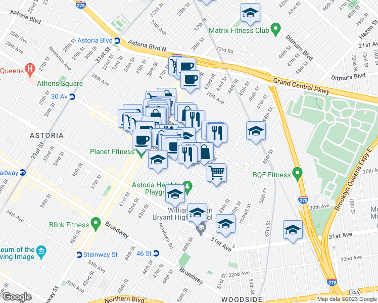 map of restaurants, bars, coffee shops, grocery stores, and more near in Queens