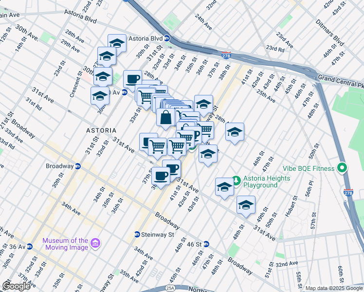 map of restaurants, bars, coffee shops, grocery stores, and more near in Queens