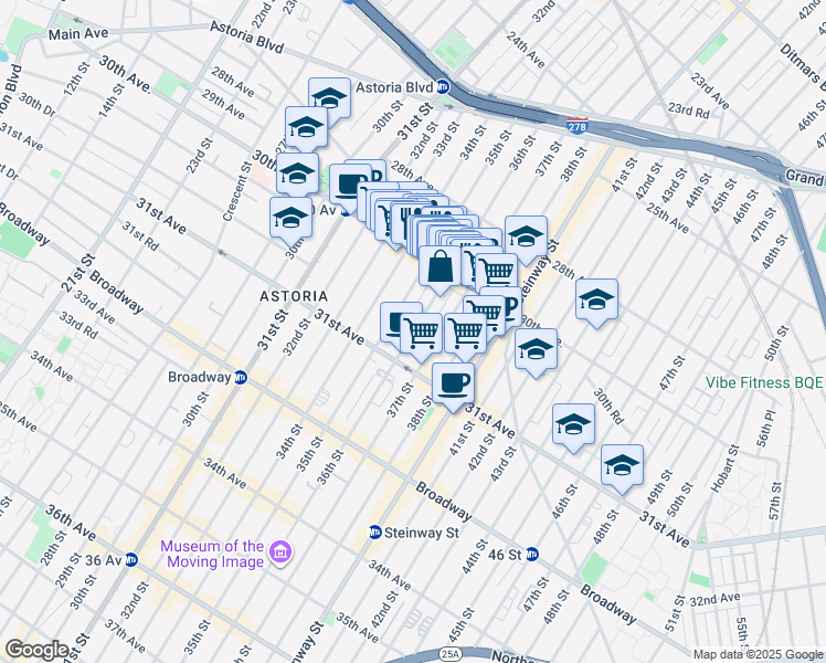 map of restaurants, bars, coffee shops, grocery stores, and more near 30-44 36th Street in Queens
