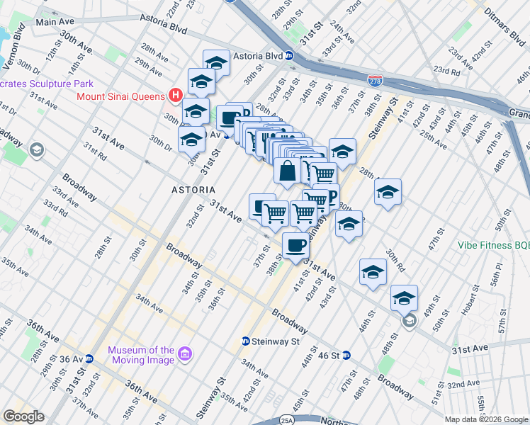 map of restaurants, bars, coffee shops, grocery stores, and more near 30-44 36th Street in Queens