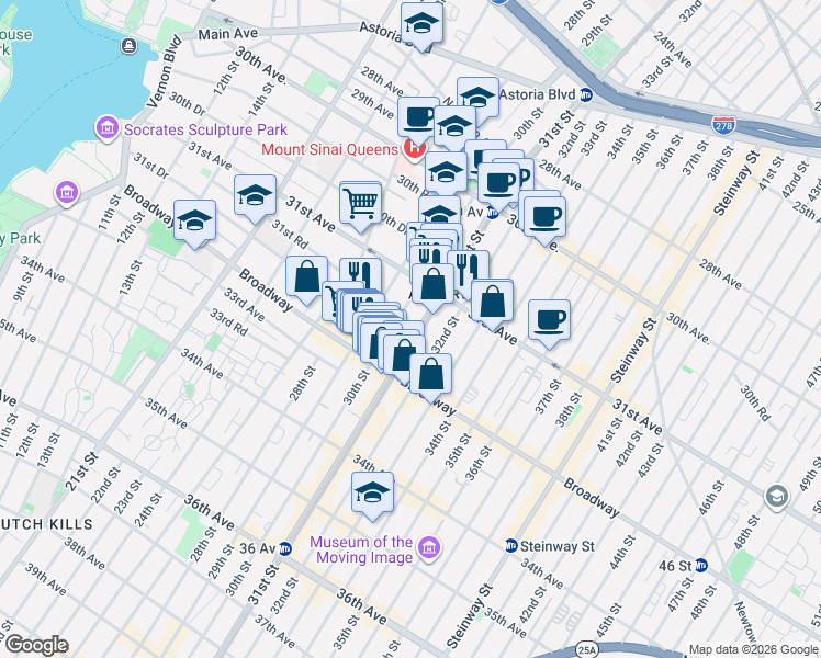 map of restaurants, bars, coffee shops, grocery stores, and more near 31-19 30th Street in Queens