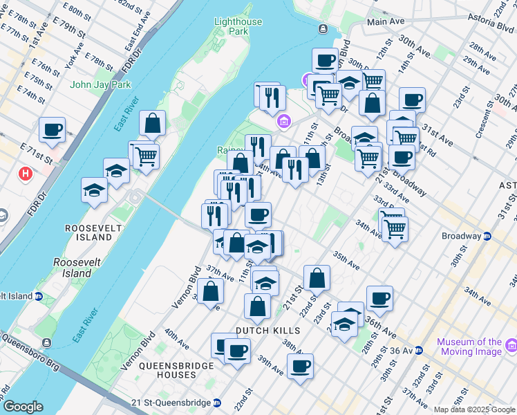 map of restaurants, bars, coffee shops, grocery stores, and more near 34-36 10th Street in Queens