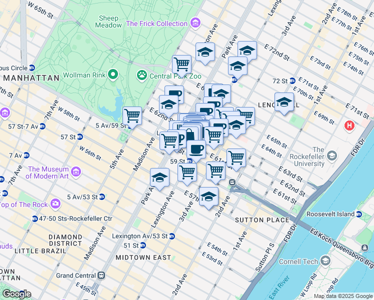 map of restaurants, bars, coffee shops, grocery stores, and more near 115 East 61st Street in New York