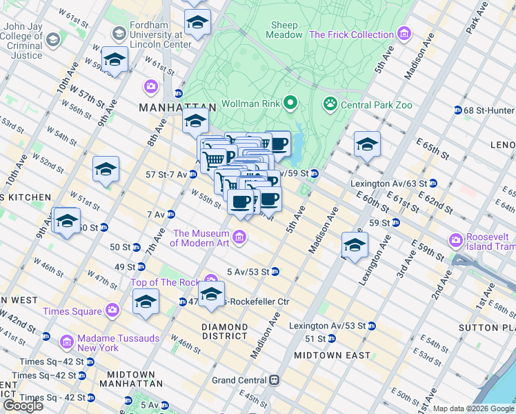 map of restaurants, bars, coffee shops, grocery stores, and more near 57 West 57th Street in New York