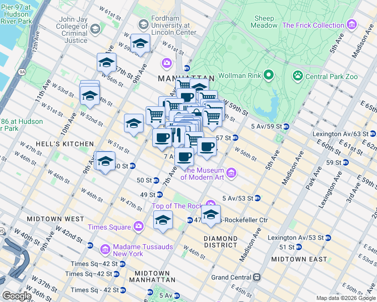 map of restaurants, bars, coffee shops, grocery stores, and more near in New York