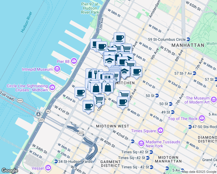 map of restaurants, bars, coffee shops, grocery stores, and more near 515 West 48th Street in New York