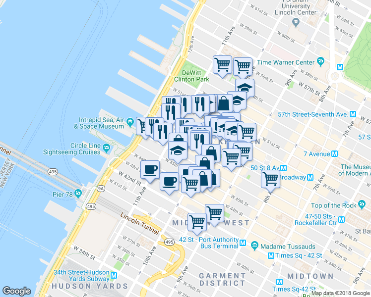 map of restaurants, bars, coffee shops, grocery stores, and more near 546 West 48th Street in New York